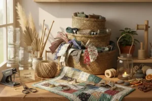 A cozy craft table filled with various eco-friendly materials like fabric scraps in baskets, glass jars, natural twine, and dried botanicals for sustainable crafting projects.