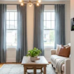 A modern living room implementing energy saving tips, featuring a smart thermostat on the wall and heavy drapes on the windows.