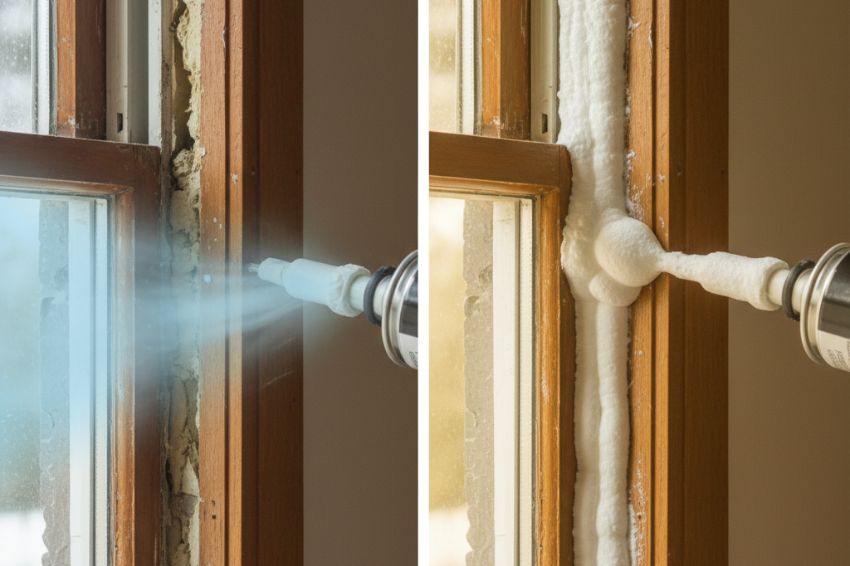 Foam insulation being applied around a window frame, showing before and after comparison