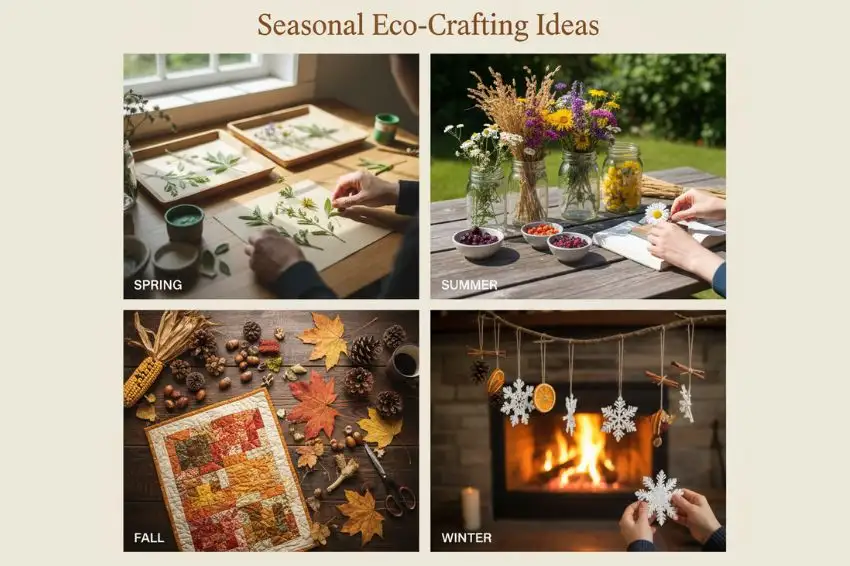 Four-panel collage showing seasonal eco-craft projects for spring, summer, fall, and winter