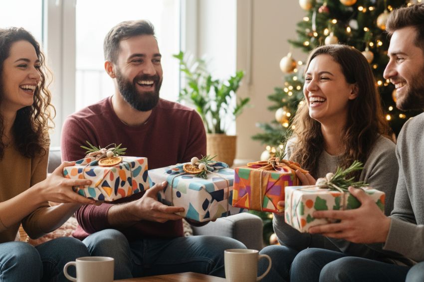 happy people exchanging beautifully wrapped zero waste gifts