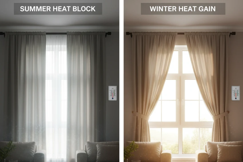 Home interior showing strategic use of curtains for temperature control