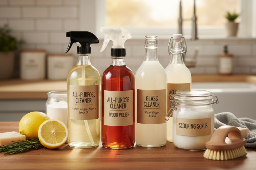 Homemade cleaning products in attractive glass bottles with labels, arranged on a kitchen counter
