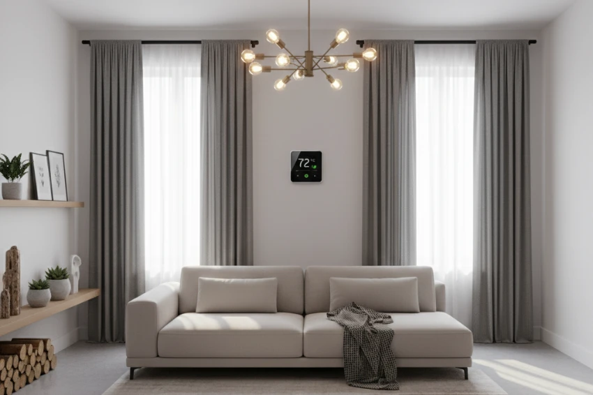 Modern living room with visible energy-saving features including LED bulbs, smart thermostat, and window insulation