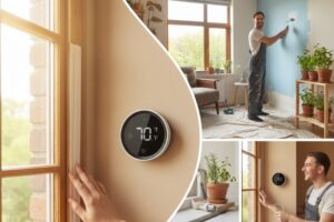 A collage of money-saving DIY hacks for the home, prominently featuring the installation of a modern smart thermostat to slash utility bills.