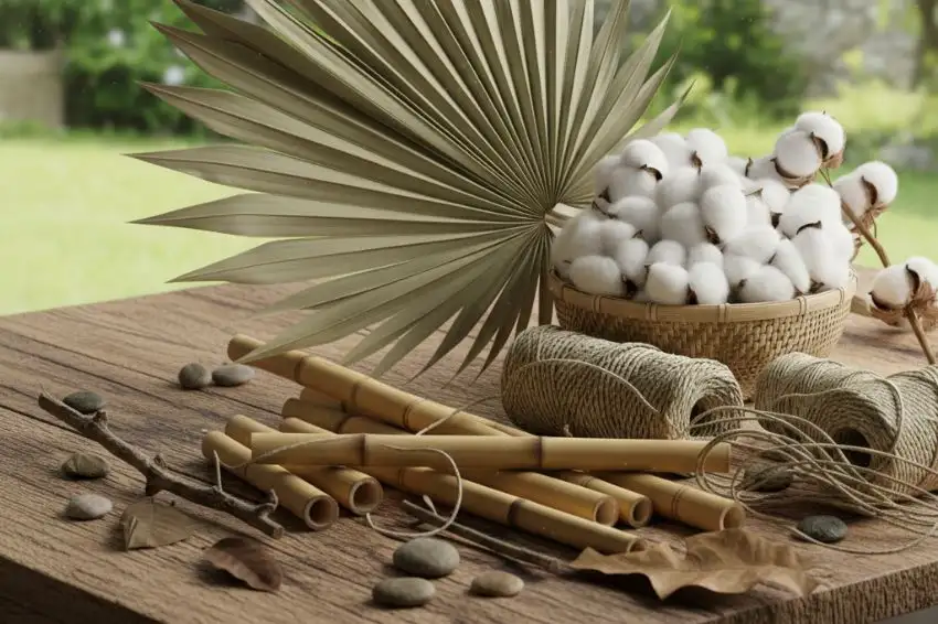 Collection of natural materials including palm leaves, organic cotton, jute rope, and bamboo arranged aesthetically