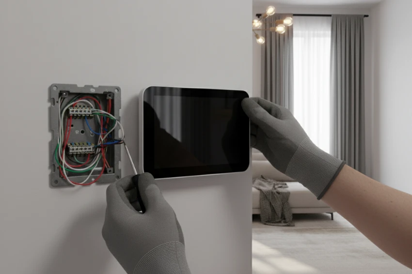 Person installing a smart thermostat with visible wiring and instruction manual