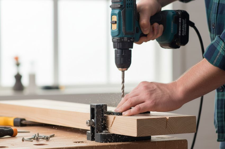Pocket hole jig in action, showing someone drilling pocket holes in lumber