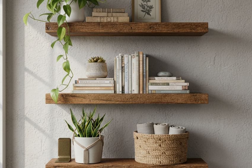 Rustic wooden floating shelves displaying plants and books