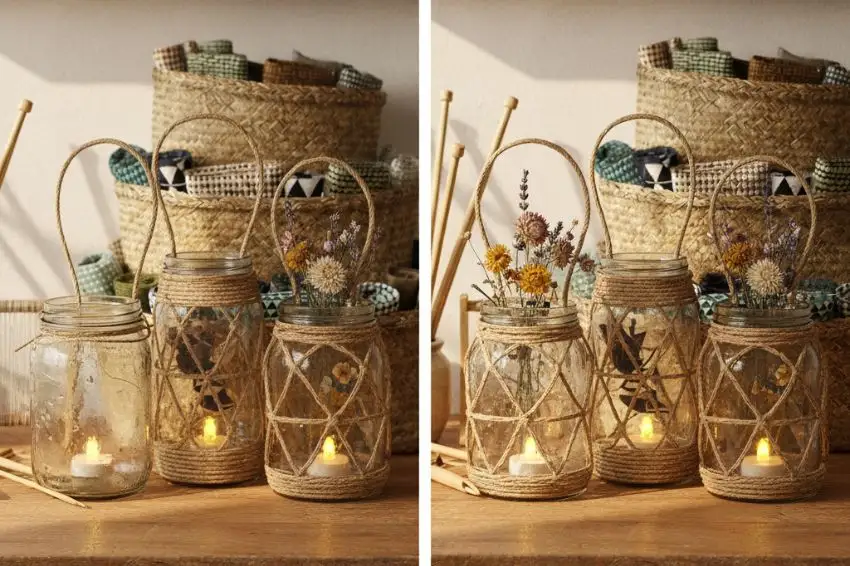 Before and after shots of upcycled glass jars transformed into decorative lanterns with natural twine and dried flowers