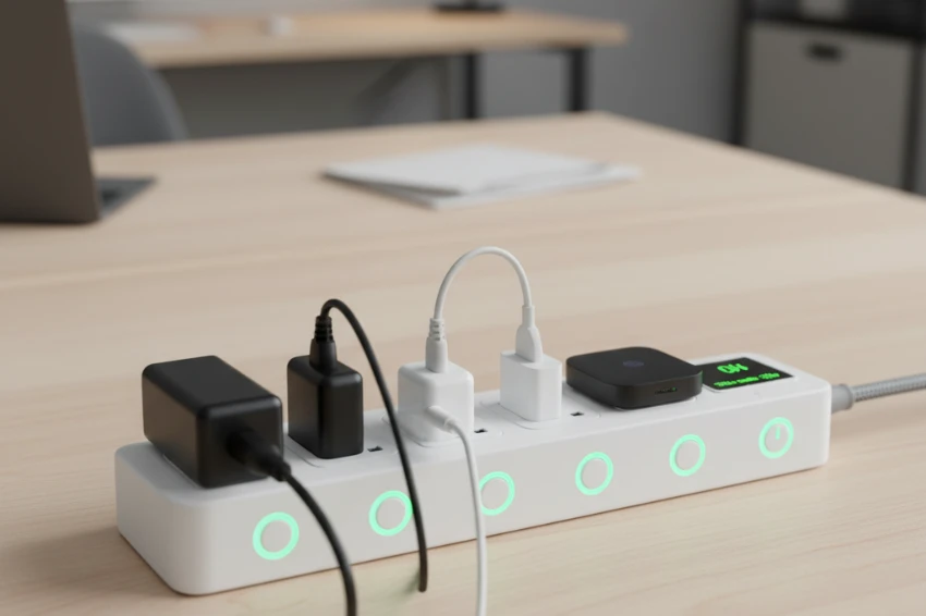 Smart power strip with multiple devices plugged in showing on-off switch