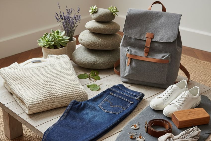 sustainable fashion items and accessories displayed on natural surfaces