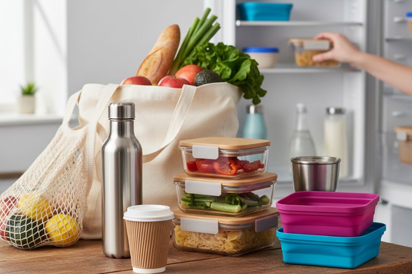 various reusable products in daily use: water bottles, food containers, and shopping bags
