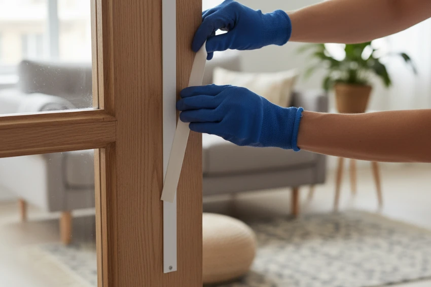 Close-up of weatherstripping being installed on a door frame