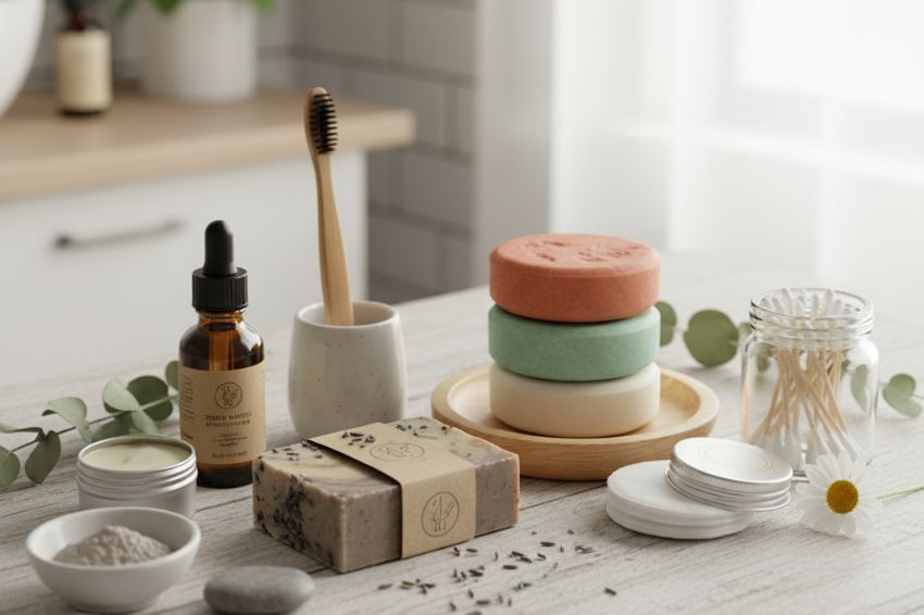 zero waste beauty products arranged aesthetically with natural elements
