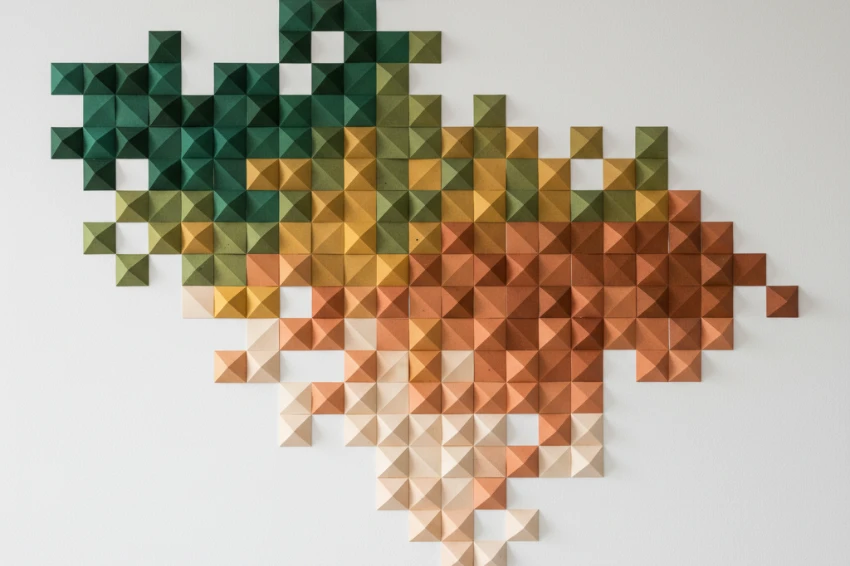 Stunning three-dimensional wall art made from recycled cardstock scraps, featuring geometric pyramid tiles in an earth-tone gradient