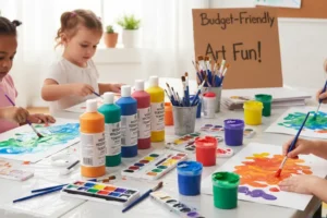 A group of young children having fun painting with affordable painting tools and supplies, including tempera paints, watercolors, and brushes.