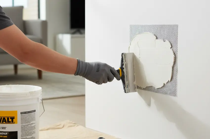 A person's gloved hand applying joint compound with a putty knife over a mesh patch, a key step in fixing a medium-sized hole with a drywall patch kit.