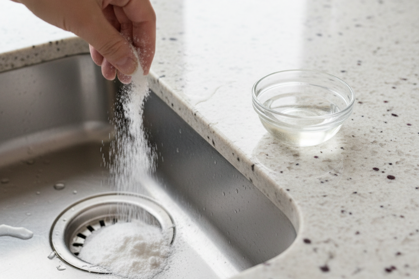 A hand pouring baking soda into a kitchen sink drain, demonstrating a must-have everyday DIY cleaning recipe using natural ingredients.