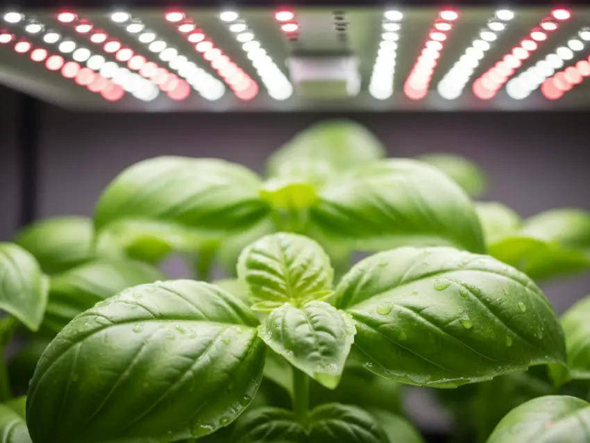 A close-up of a healthy basil plant thriving indoors, illustrating how an LED grow light provides the make-or-break factor for its growth.