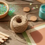 A collection of biodegradable craft supplies on a wooden table, including jute twine, natural glitter, cork, and paper, for crafting without environmental harm.