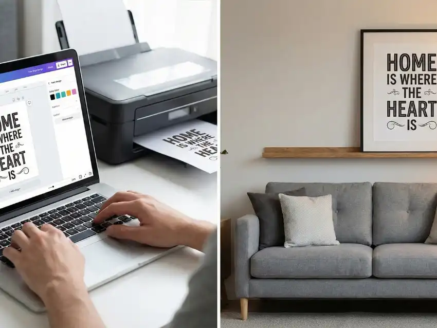 A split image showing the process of creating DIY typography wall art: designing a quote on a laptop on the left, and the framed "Home is Where the Heart Is" print displayed in a living room on the right.