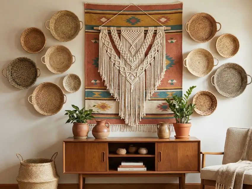 A stylish boho living room wall decorated with a large macrame tapestry layered over a colorful rug, surrounded by a gallery of round woven baskets.