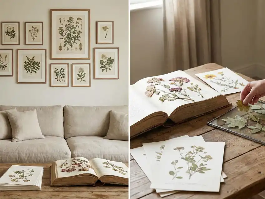 A split image featuring a living room gallery wall of framed botanical prints on the left, and a person creating nature-inspired pressed flower art on the right.