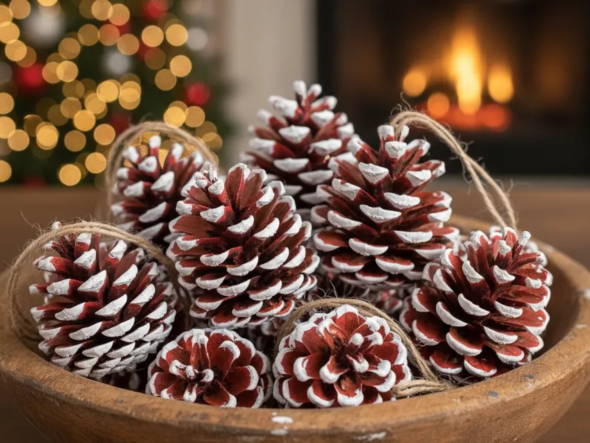 wooden bowl filled with DIY candy cane pine cones, painted red with white-tipped scales, creating a stunning holiday craft.