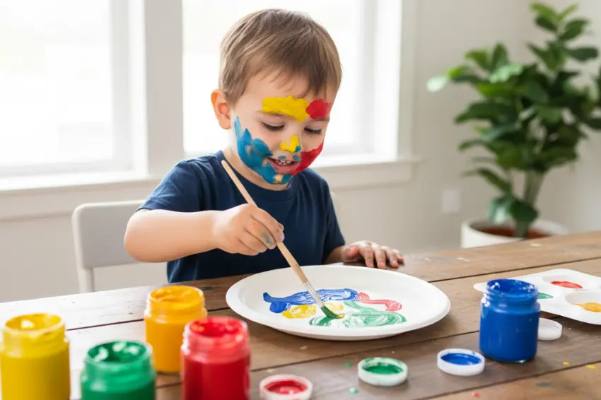 A happy child safely painting with non-toxic, biodegradable paint, a perfect eco-swap for kid's art projects.