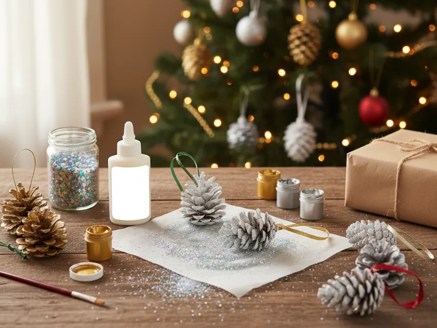 A craft table showing the process of making classic pine cone ornaments with paint, glue, and glitter for a DIY Christmas project.