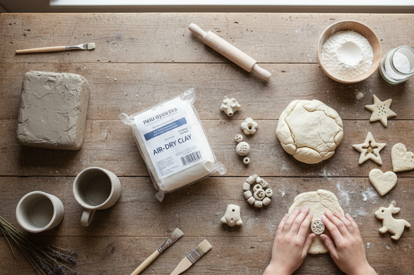 A flat lay of natural clay and earth materials for eco-friendly crafts, including air-dry clay, salt dough, and pottery supplies on a wooden table.