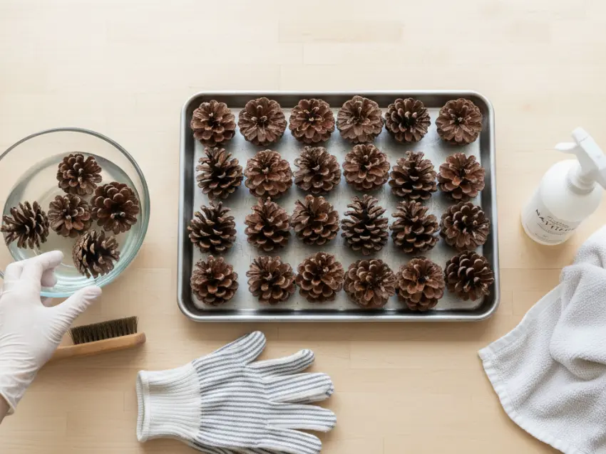 A person preparing pine cones for DIY crafts by washing them in a bowl and laying the clean pine cones out on a baking sheet.