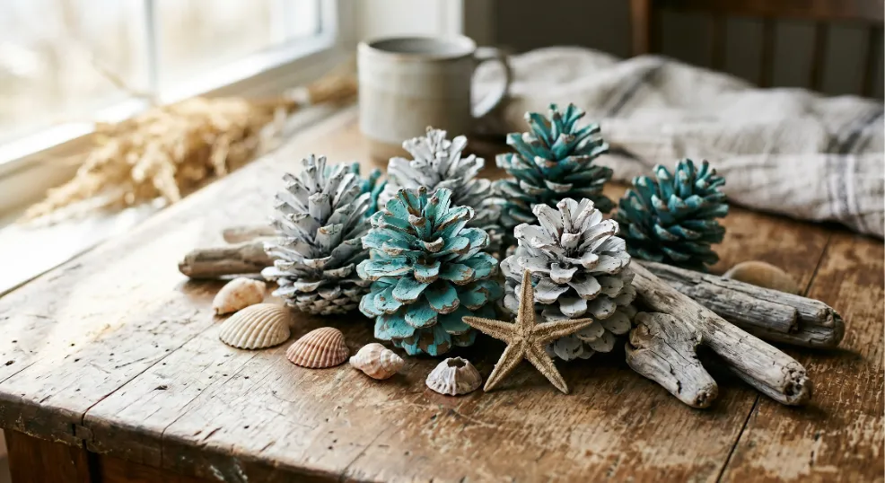 Turquoise and white painted pine cones arranged with seashells and driftwood on a wooden table for a summer coastal cottage vibe.
