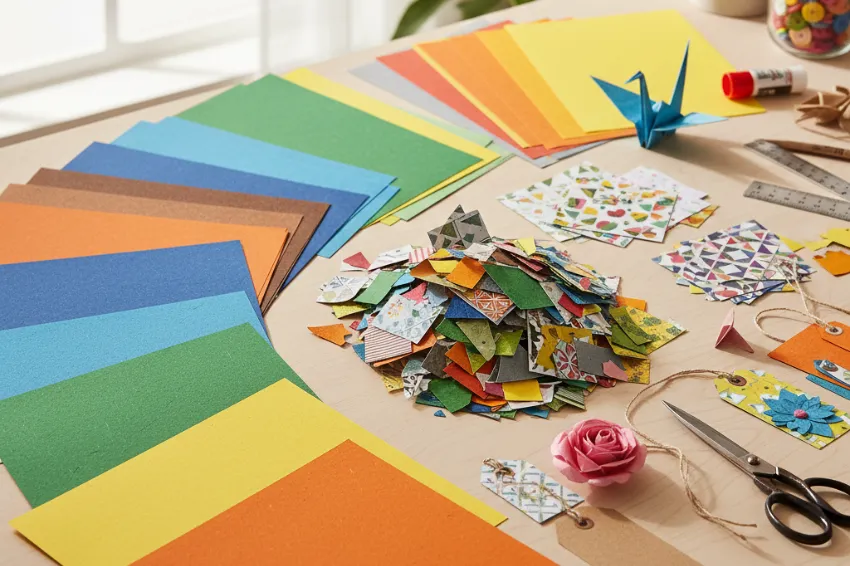 A colorful assortment of eco-friendly recycled paper craft supplies, including full sheets, patterned scraps, and finished tags, on a crafting table