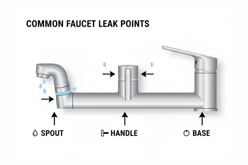 A diagram illustrating the common faucet leak points—the spout, handle, and base—to help diagnose the source of the leak.