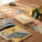 A display of various creative craft ideas made from recycled cardstock, including handmade cards, paper flowers, and gift tags on a wooden table