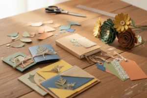 A display of various creative craft ideas made from recycled cardstock, including handmade cards, paper flowers, and gift tags on a wooden table