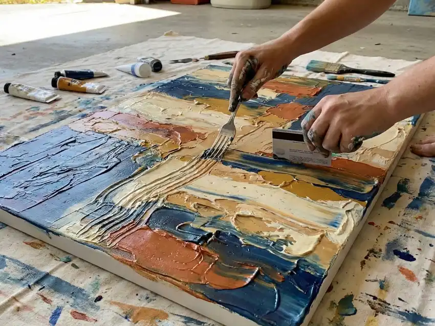 creating textured DIY abstract canvas art using household items like a plastic card and a fork to apply paint.