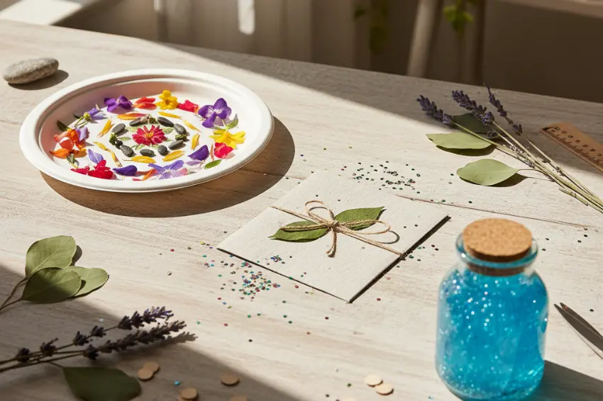 A flat lay of fun DIY biodegradable craft projects, including a handmade card with a leaf and twine, and a bowl of colorful flower petals