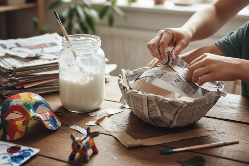 Hands working on a creative DIY paper mache project using strips of recycled newspaper and a jar of glue, alongside other sustainable art supplies
