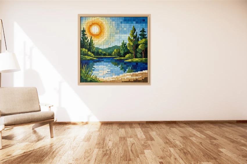 A stunning DIY paper mosaic art project, depicting a landscape with a sun and lake, made from colorful cardstock scraps and hung on a wall as home decor
