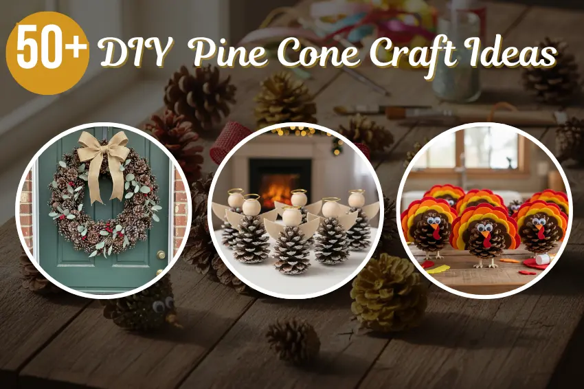 A collection of fun DIY pine cone craft ideas, including a small wreath, a turkey, and painted pine cones, spread out on a rustic wooden craft table