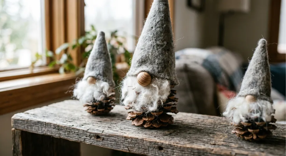 Handmade pine cone gnomes with felt hats and wooden bead noses sitting on a rustic wooden shelf.