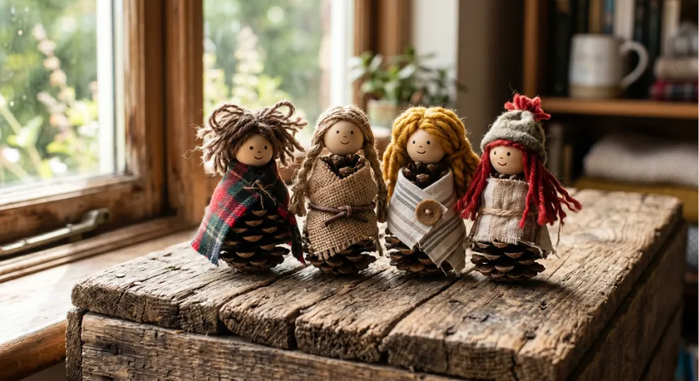 Handmade pine cone people dressed in fabric scraps and yarn standing on a rustic wooden table.