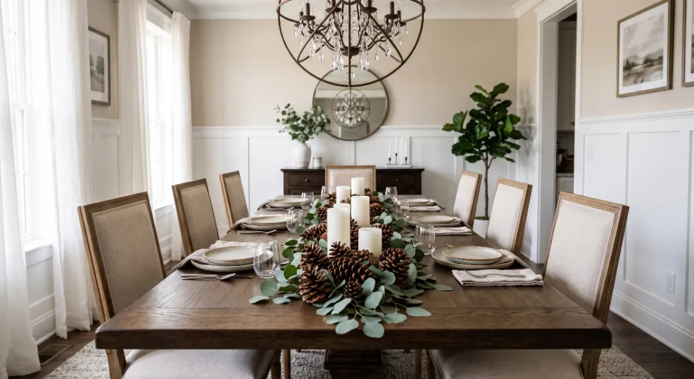 A spacious American Transitional dining room featuring a solid oak table decorated with a natural centerpiece runner made of overlapping pine cones, fresh eucalyptus sprigs, and thick white pillar candles, surrounded by upholstered linen chairs.