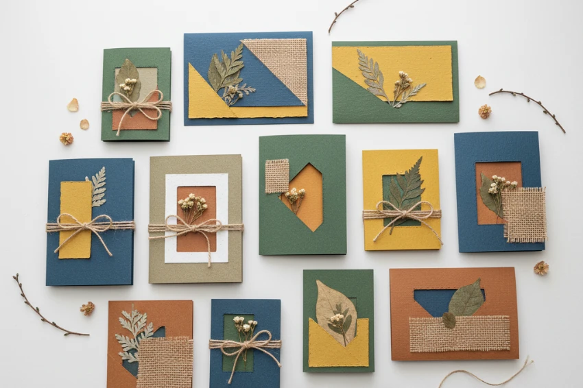 A collection of stunning, professional-looking handmade greeting cards crafted from recycled cardstock, burlap, and dried leaves