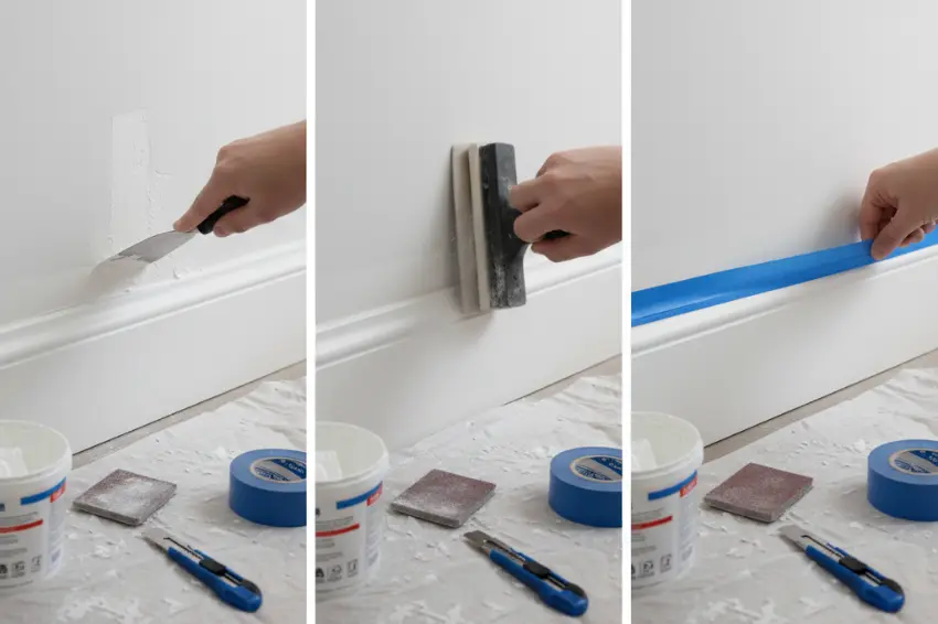 A step-by-step guide to wall prep, showing hands spackling a hole, sanding the patch, and applying painter's tape for professional results.