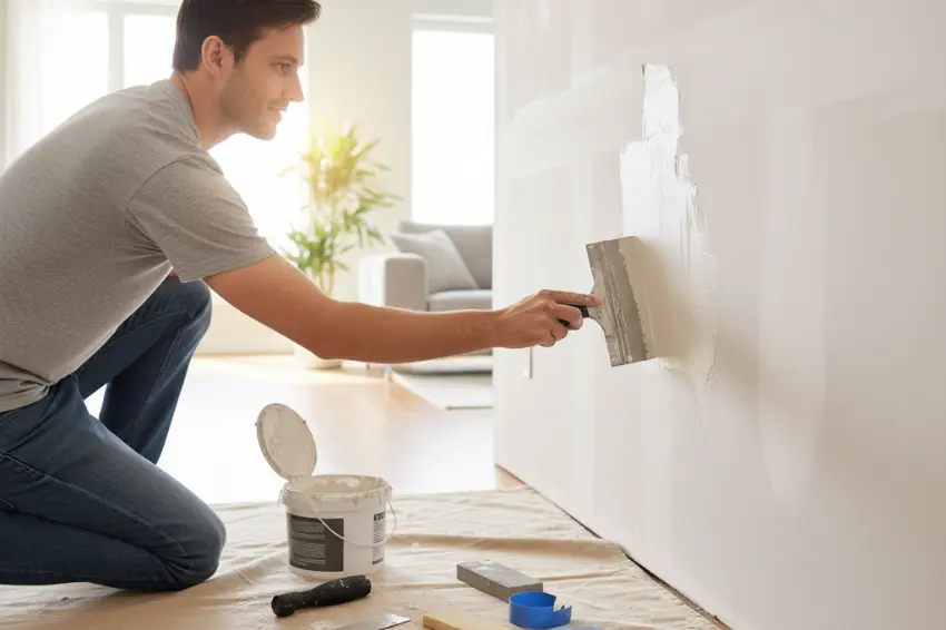 A homeowner applying joint compound to a wall with a putty knife, demonstrating that simple drywall repair is an easier DIY project than most people think.
