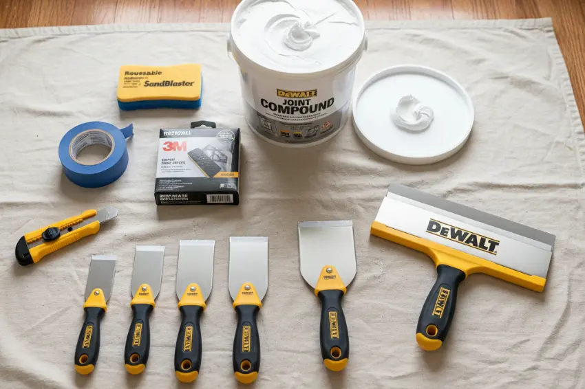 A flat lay of the essential tools for DIY drywall repair, including a set of putty knives, joint compound, sandpaper, and painter's tape, on a drop cloth.